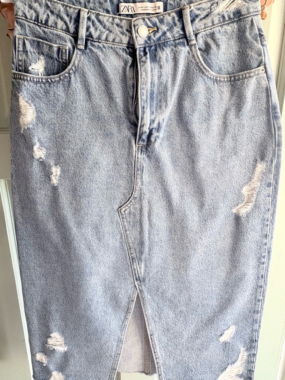 ZARA Light Blue Distressed Denim Midi Skirt with Front Slit